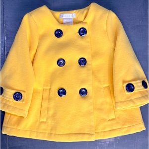 Yellow trapeze style , collarless dress pea coat , girls winter coat size 3T.